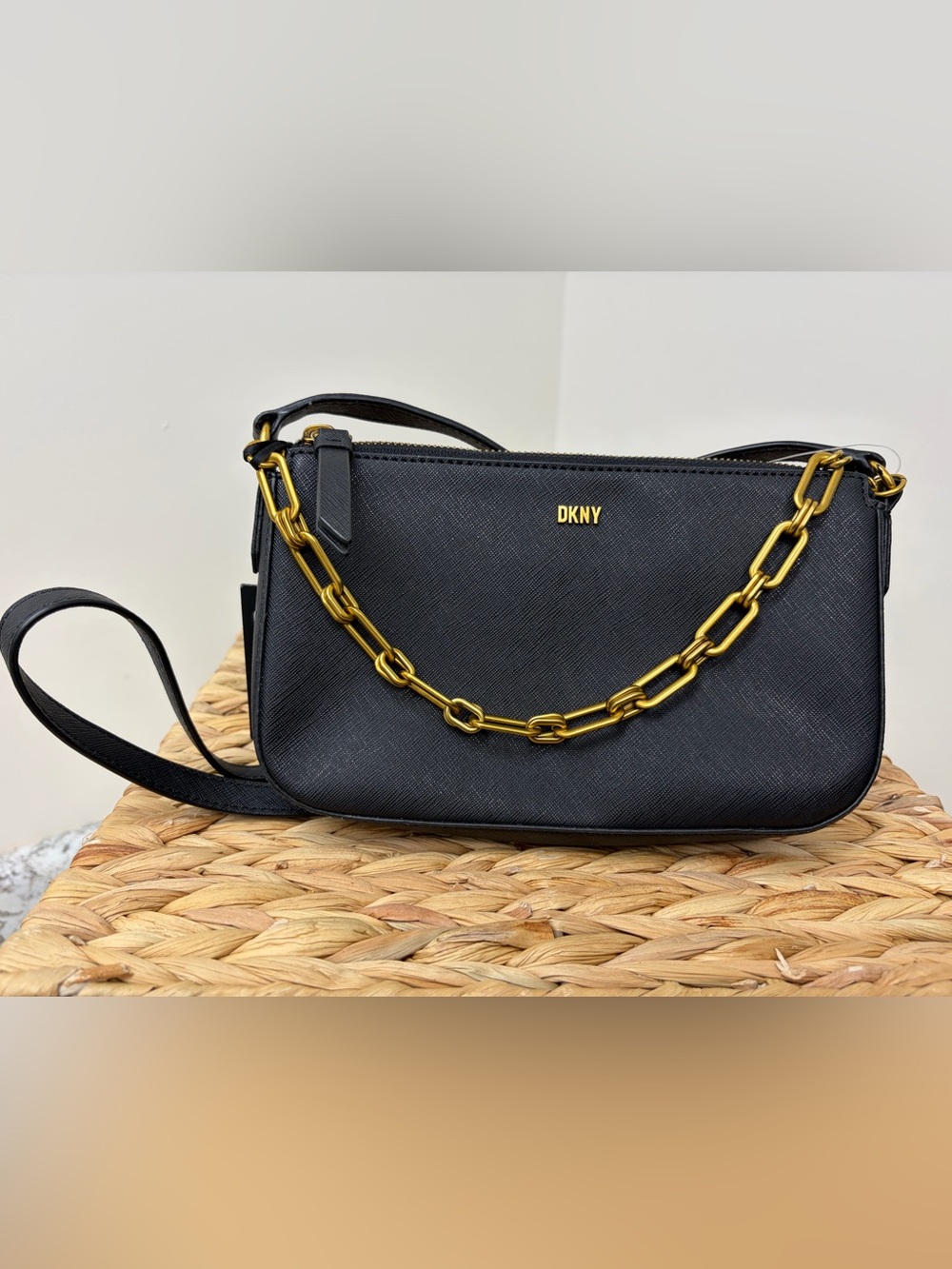 DKNY Black Crossbody with Gold Chain Detail